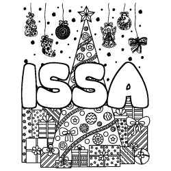 Coloring page first name ISSA - Christmas tree and presents background