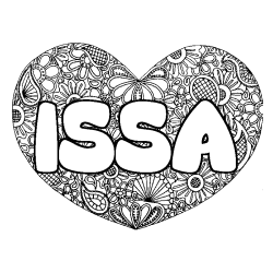Coloring page first name ISSA - Heart mandala background