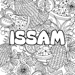 Coloring page first name ISSAM - Fruits mandala background