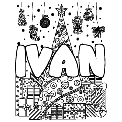 Coloring page first name IVAN - Christmas tree and presents background