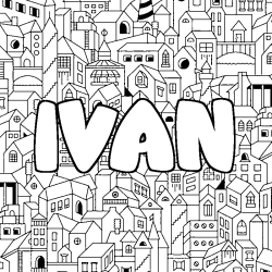 Coloring page first name IVAN - City background
