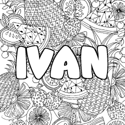 Coloring page first name IVAN - Fruits mandala background
