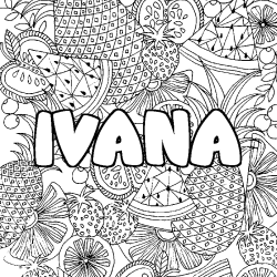 Coloring page first name IVANA - Fruits mandala background