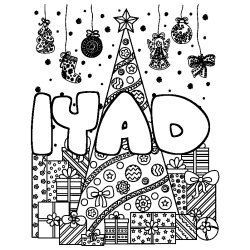 Coloring page first name IYAD - Christmas tree and presents background