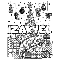 Coloring page first name IZAKYEL - Christmas tree and presents background