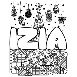 Coloring page first name IZIA - Christmas tree and presents background