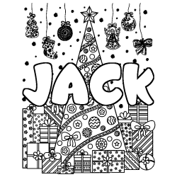 Coloring page first name JACK - Christmas tree and presents background