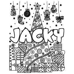 Coloring page first name JACKY - Christmas tree and presents background