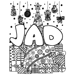 Coloring page first name JAD - Christmas tree and presents background
