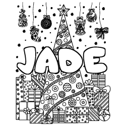 Coloring page first name JADE - Christmas tree and presents background