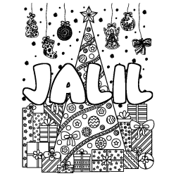 Coloring page first name JALIL - Christmas tree and presents background