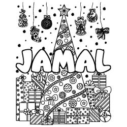 Coloring page first name JAMAL - Christmas tree and presents background