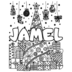 Coloring page first name JAMEL - Christmas tree and presents background