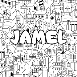 Coloring page first name JAMEL - City background