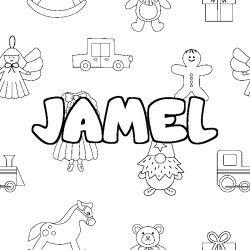 Coloring page first name JAMEL - Toys background