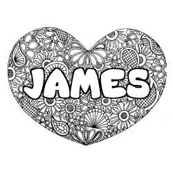 Coloring page first name JAMES - Heart mandala background