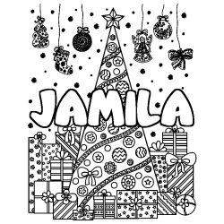 Coloring page first name JAMILA - Christmas tree and presents background