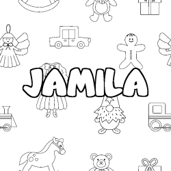Coloring page first name JAMILA - Toys background