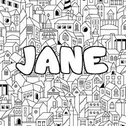Coloring page first name JANE - City background