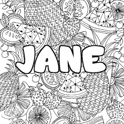Coloring page first name JANE - Fruits mandala background