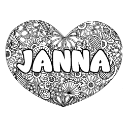 Coloring page first name JANNA - Heart mandala background
