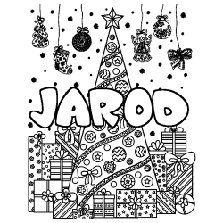 Coloring page first name JAROD - Christmas tree and presents background