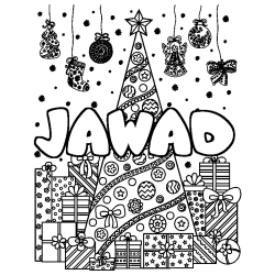 Coloring page first name JAWAD - Christmas tree and presents background