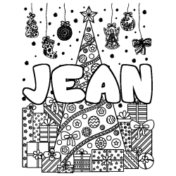 Coloring page first name JEAN - Christmas tree and presents background