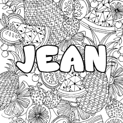 Coloring page first name JEAN - Fruits mandala background