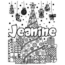 Coloring page first name Jeanine - Christmas tree and presents background