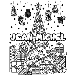 Coloring page first name JEAN-MICHEL - Christmas tree and presents background