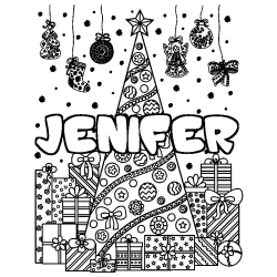 Coloring page first name JENIFER - Christmas tree and presents background