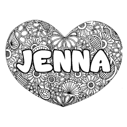 Coloring page first name JENNA - Heart mandala background