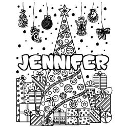 Coloring page first name JENNIFER - Christmas tree and presents background