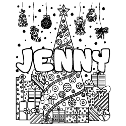 Coloring page first name JENNY - Christmas tree and presents background