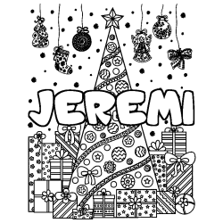 Coloring page first name JEREMI - Christmas tree and presents background
