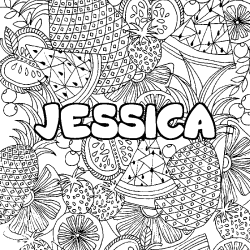 Coloring page first name JESSICA - Fruits mandala background
