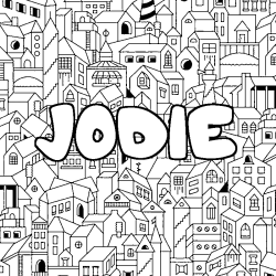 Coloring page first name JODIE - City background
