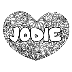 Coloring page first name JODIE - Heart mandala background