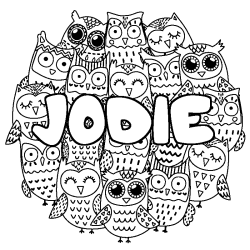 Coloring page first name JODIE - Owls background