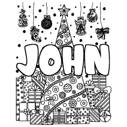 Coloring page first name JOHN - Christmas tree and presents background