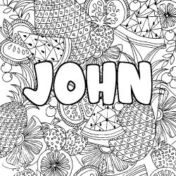 Coloring page first name JOHN - Fruits mandala background