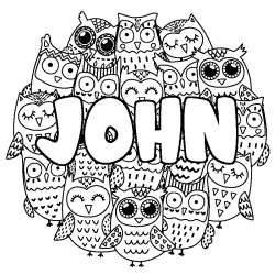 Coloring page first name JOHN - Owls background