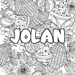 Coloring page first name JOLAN - Fruits mandala background