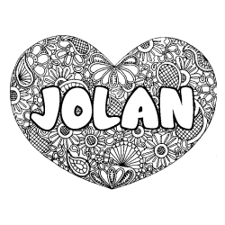 Coloring page first name JOLAN - Heart mandala background