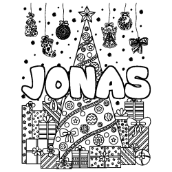 Coloring page first name JONAS - Christmas tree and presents background
