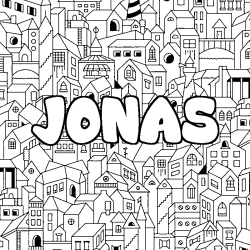 Coloring page first name JONAS - City background
