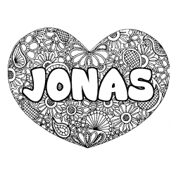 Coloring page first name JONAS - Heart mandala background