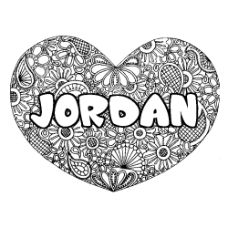 Coloring page first name JORDAN - Heart mandala background