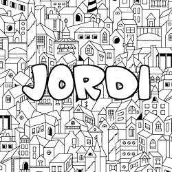 Coloring page first name JORDI - City background